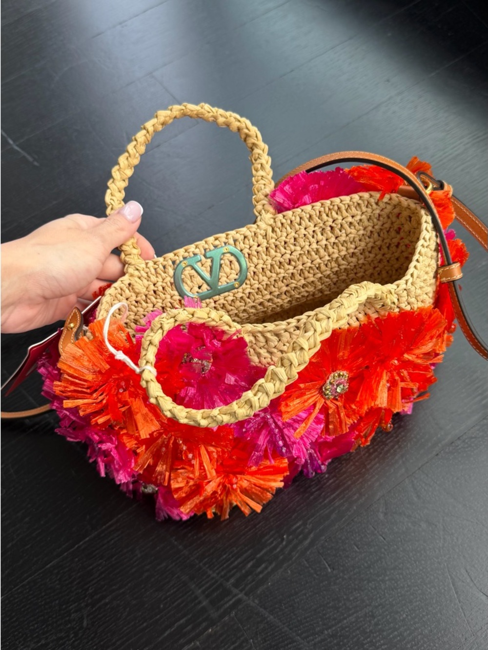 Valentino Garavani Raffia shopping Tote bagwith Pink and Orange Floral summer - Picture 2 of 9